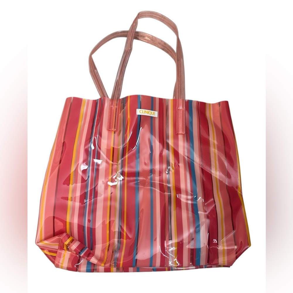 Clinique Y2K Striped Tote Bag Shopping Beach Coral Striped Vinyl Waterproof